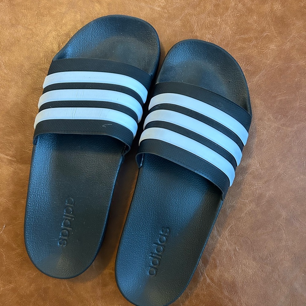 Adidas Black and White Striped Slides